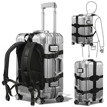 Silver suitcase with backpack conversion system adjustable straps and a backpack attachment, shown from multiple angles on a white background.