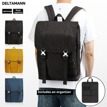 Black backpack with water repellent feature, shown on a person and with inset images of other colors.
