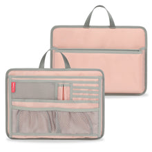 Front and back views of a grey 13-pocket briefcase organizer insert with mesh pockets for iPad, mouse, and stationery - Pink