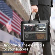 Businessman carrying a black briefcase with a padded nylon laptop organizer insert showing documents, pens, and cards I Baggex Store
