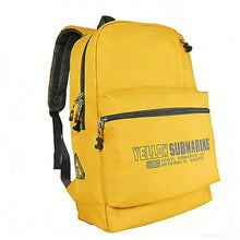 Yellow backpack with 'Yellow Submarine' text on a white background