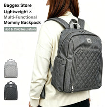 Person wearing a gray diaper backpack with Baggex branding, featuring text about its features.