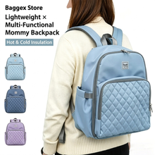 Lightweight multi-functional mommy backpack with quilted design, shown on a person wearing a white sweater.
