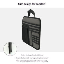Black travel organizer with a handle on a white background, labeled 'Slim design for comfort'.