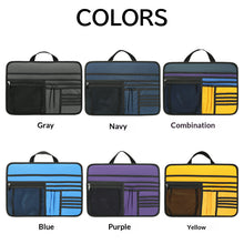 Color swatches of a bag organzier with gray, navy, combination, blue, purple, and yellow patterns.