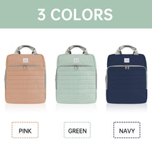 Three diaper backpacks in pink, green, and navy with color labels below.