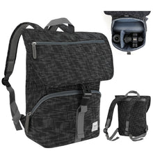 Black patterned backpack with camera compartment on a white background