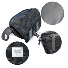 Black and gray patterned bag with close-up details on a white background