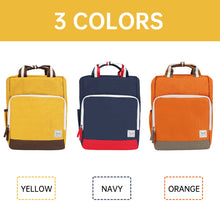 Three diaper backpacks in yellow, navy, and orange with color labels below.