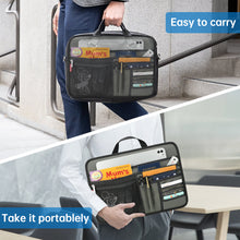 Black travel organizer with "easy to carry" label held by a person, shown from two angles.