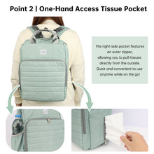 Light green diaper backpack with one-hand access tissue pocket feature, showing a person using it.