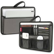Gray organizer pouch with compartments for electronic devices and accessories on a white background