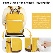 Yellow diaper backpack with one-hand access tissue pocket feature