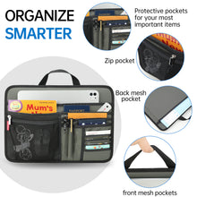 Black travel organizer with various pockets and compartments, featuring text on organizational benefits.