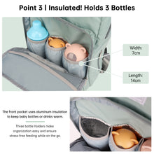 Insulated bag with bottle holders for baby bottles, showing dimensions and features.