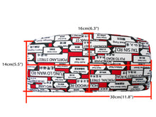 Measurement chart of a product with text and design, showing dimensions on a white background.