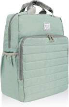 A sage green diaper backpack with gray zippers, top handles, and a small white brand label on the front pocket, shown against a plain white background.