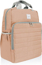 A dusty pink quilted diaper backpack with gray zippers, top handles, and a small white brand label on the front, shown against a plain white background.