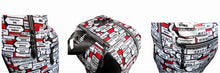 Patterned bag with text design on a white background