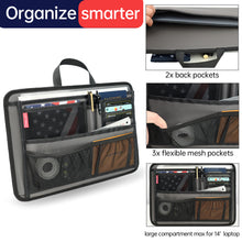 Briefcase organizer with back and flexible mesh pockets, featuring 'Organize smarter' branding.