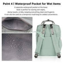 Diaper backpack with waterproof pocket feature, showing interior, exterior, and water droplets.