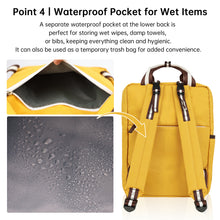 Yellow diaper backpack with a waterproof pocket feature, showing water droplets and the pocket's interior.
