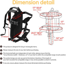 A dimension detail diagram for a black backpack, showing a side view of the backpack with red measurement lines and labels for width, height, and depth, plus a right-side schematic outline with measurements. The image includes a title reading 'Dimension detail' and a list of instructions at the bottom on a white background.