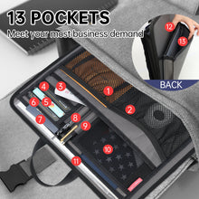 Gray organizer with multiple pockets labeled, showing its organizational features.