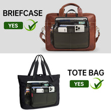 Comparison of a brown briefcase and black tote bag with compartments for items, labeled 'YES' with green checkmarks.