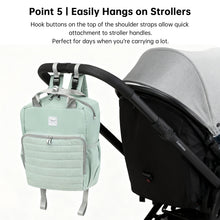 Light green diaper backpack attached to a stroller with text explaining its features.
