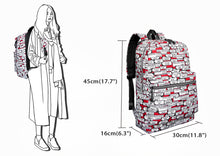 Backpack with dimensions shown next to a line drawing of a person wearing it.