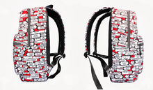 Backpack with a red and white pattern on a white background