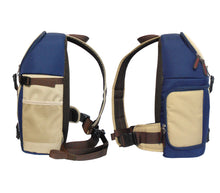 Blue and beige backpack shown from two angles on a white background