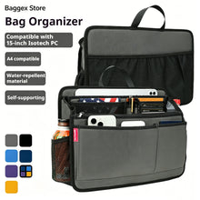 Bag organizer with compartments for a 15-inch Isotech PC, A4 paper, and other items, on a white background.