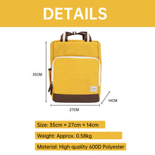 Yellow diaper backpack with dimensions and material details on a white background