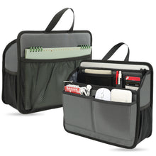 Grey tote bag organizer insert front view filled with notebooks, pens, mouse, and phone, and back view with a large mesh pocket