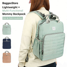 Person wearing a light green diaper backpack with product details on a white background