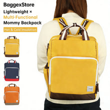 Yellow diaper backpack worn by a person with BaggexStore branding and product features.