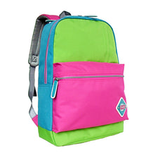 Colorful backpack with pink, green, and blue sections on a white background