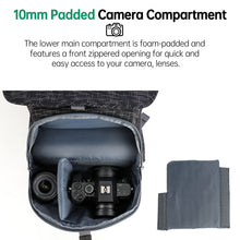 Camera backpack with a foam-padded 10mm camera compartment featuring a front zippered opening.