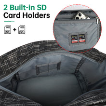 Gray bag with two built-in SD card holders, showing close-up of compartments.