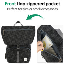 Black patterned backpack with front flap zippered pocket feature