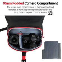 Camera bag with a 10mm padded camera compartment containing a camera and lens.