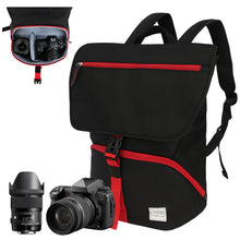 Black backpack with red zippers, camera, and lens on a white background