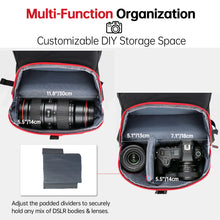 Camera bag with customizable storage space for DSLR bodies and lenses, showing dimensions and adjustable padding.