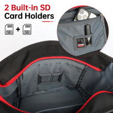 Black bag with red trim featuring two built-in SD card holders.
