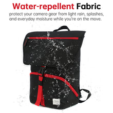 Black backpack with red accents being splashed by water, text about water-repellent fabric.