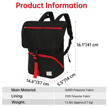 Black backpack with red accents and measurements on a white background