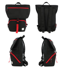 Black backpack with red accents shown from multiple angles on a white background