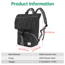 Black backpack with measurements and product information on a white background